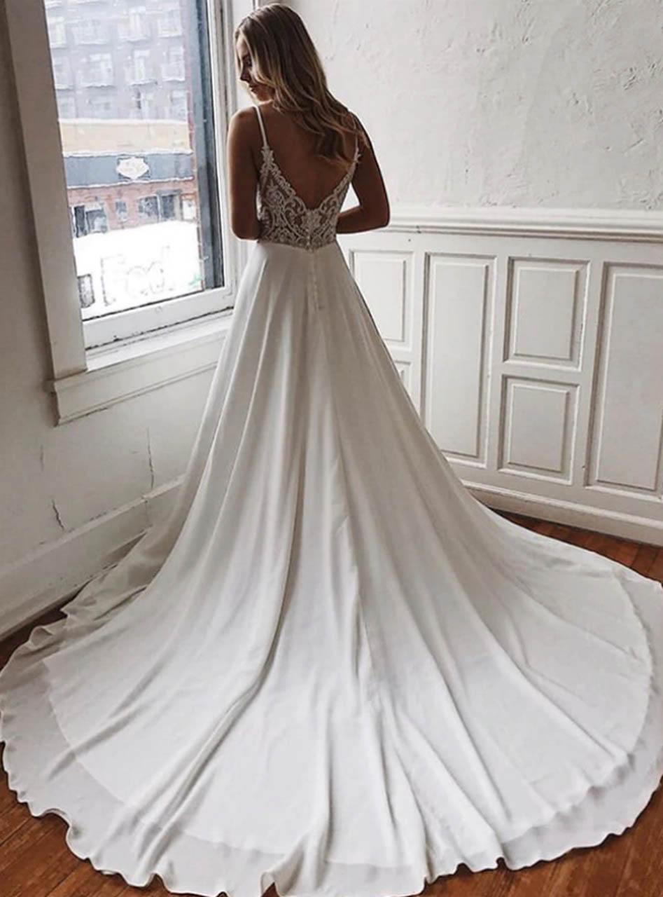 A-Line White Chiffon Spaghetti Straps Lace Backless Wedding Dress Custom Size / As Picture A-Line White Chiffon Spaghetti Straps Lace Backless Wedding Dress Custom Size / As Picture