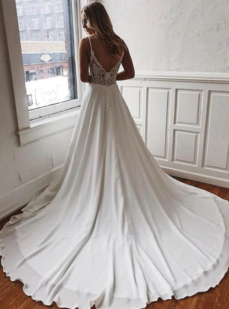 A-Line White Chiffon Spaghetti Straps Lace Backless Wedding Dress TN200 - Tirdress