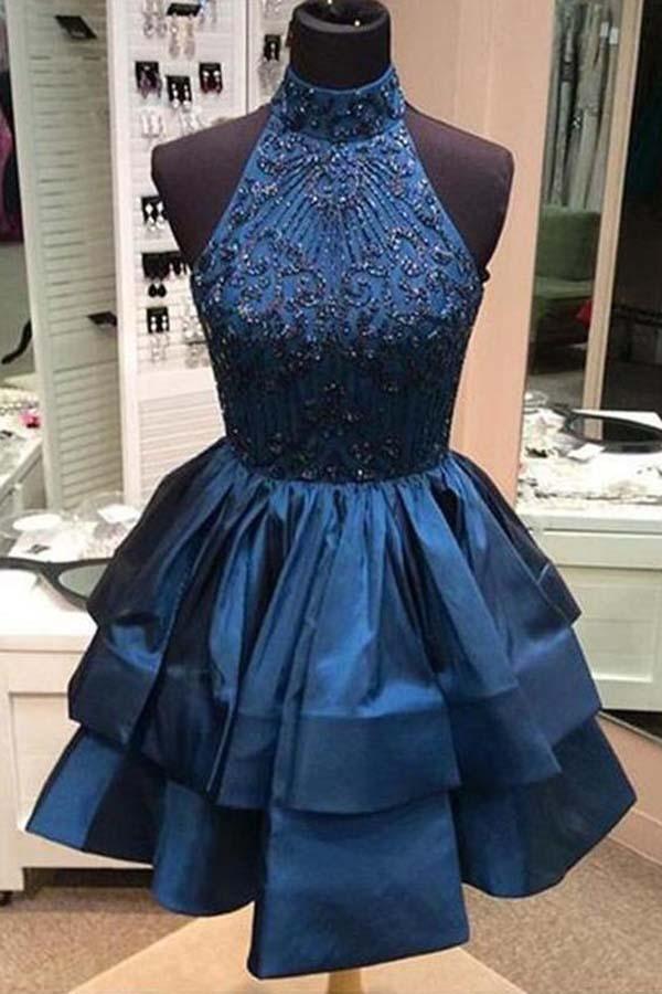 A-line Beaded Halter Neckline Satin Homecoming Dress Short Prom Dress PG166 - Tirdress