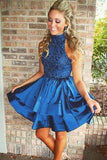 A-line Beaded Halter Neckline Satin Homecoming Dress Short Prom Dress PG166 - Tirdress