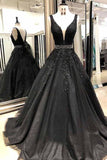 A-Linie, schwarzes V-Ausschnitt, offener Rücken, schwarze Spitze, lange Abendkleider mit Perlenstickerei TP0899