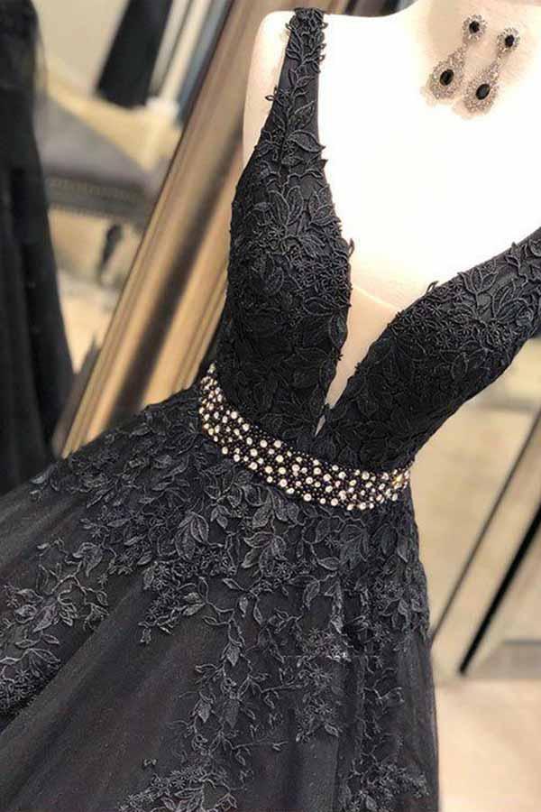 A-line Black V Neck Open Back Black Lace Long Evening Dresses with Beading TP0899 - Tirdress