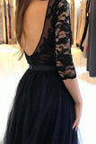 A-line Black Tulle Round Neck Lace Prom Dress Split Evening Dress TP1045 - Tirdress