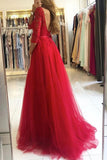 A-line Black Tulle Round Neck Lace Prom Dress Split Evening Dress TP1045 - Tirdress