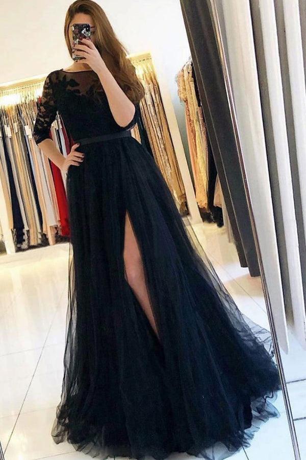 A-line Black Tulle Round Neck Lace Prom Dress Split Evening Dress TP1045 - Tirdress