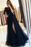A-line Black Tulle Round Neck Lace Prom Dress Split Evening Dress TP1045