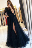 A-line Black Tulle Round Neck Lace Prom Dress Split Evening Dress TP1045 - Tirdress