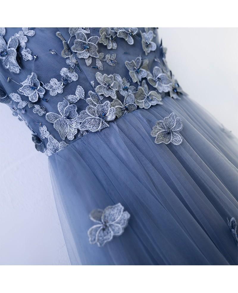 A line Blue Flower Prom Dress Long Evening Dress With Flower Petals Tirdress