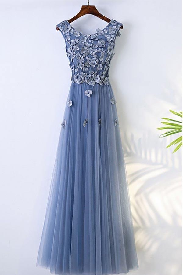 A-line Blue Flower Prom Dress Long Evening Dress With Flower Petals Custom Size / Custom Color