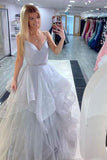 A-line Blue V Neck Tulle Sparkly Prom Dress Straps Evening Dress TP1041 - Tirdress