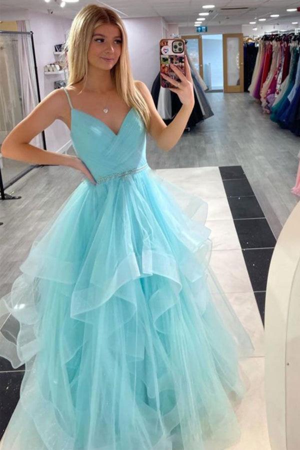 A-line Blue V Neck Tulle Sparkly Prom Dress Straps Evening Dress TP1041 - Tirdress