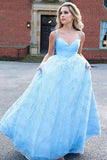 A-line Blue Sparkly Prom Dress Straps V Neck Evening Dress With Beading TP1020