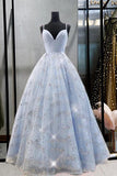 A-line Blue Sparkly Prom Dress Straps V Neck Evening Dress With Beading TP1020 - Tirdress