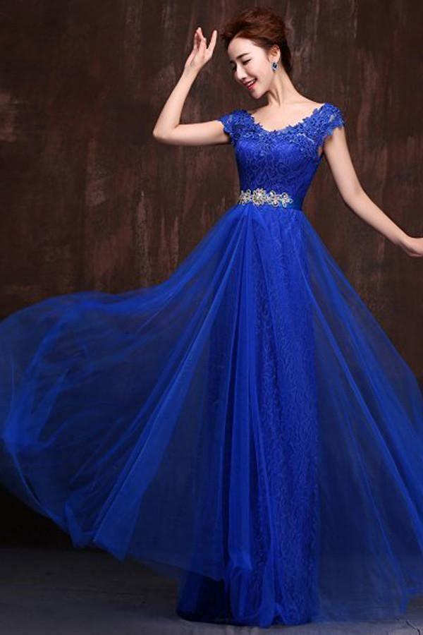 A-line Cap Sleeve Lace Party Prom Dresses Evening Dresses PG251 - Tirdress