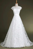 A-line Cap Sleeves Sweep Train Lace Wedding Dress With Sash TN0086 - Tirdress