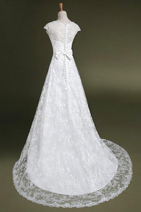 A-line Cap Sleeves Sweep Train Lace Wedding Dress With Sash TN0086 - Tirdress