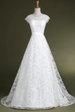 A-line Cap Sleeves Sweep Train Lace Wedding Dress With Sash TN0086 - Tirdress