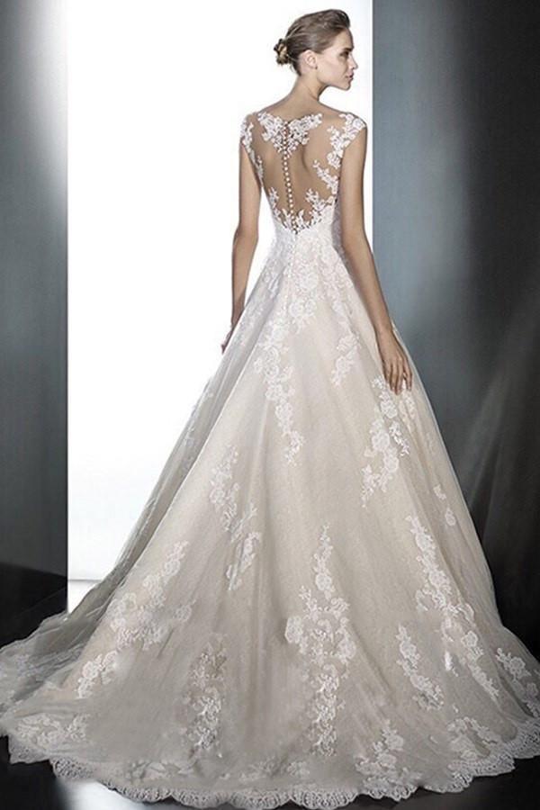 A-line Deep V-Neck Lace Wedding Dress With Appliques TN0101 - Tirdress