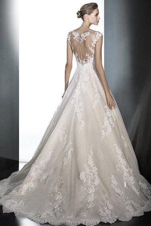 A-line Deep V-Neck Lace Wedding Dress With Appliques TN0101 - Tirdress
