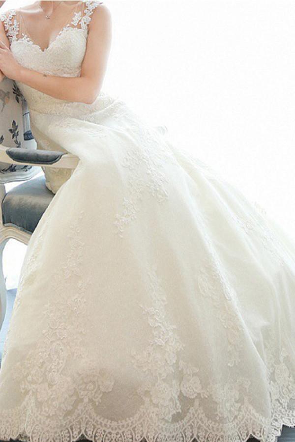 A-line Deep V-Neck Lace Wedding Dress With Appliques TN0101 - Tirdress