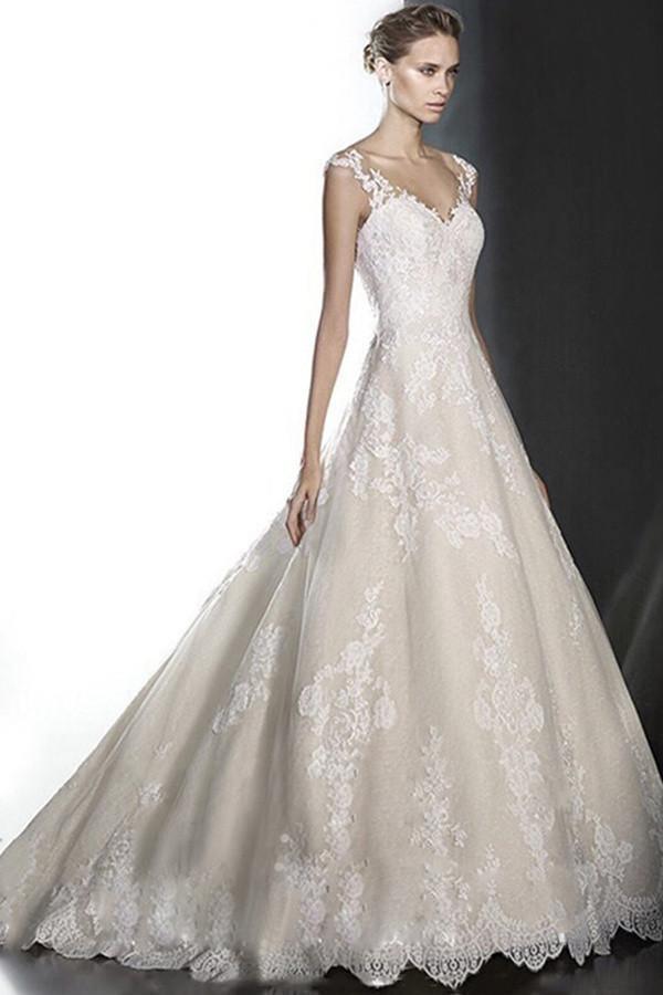 A-line Deep V-Neck Lace Wedding Dress With Appliques TN0101 - Tirdress