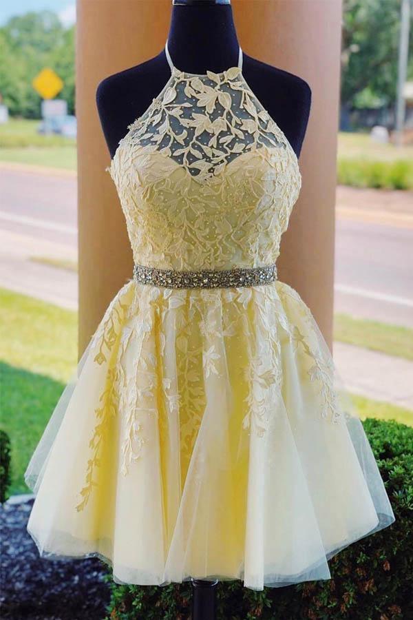 A-line Elegant Tulle Yellow High Neck Homecoming Dresses HD0058 - Tirdress