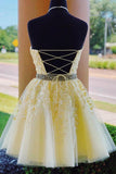 A-line Elegant Tulle Yellow High Neck Homecoming Dresses HD0058 - Tirdress