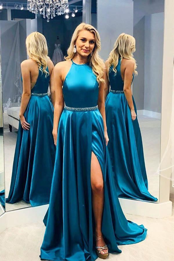 A-line Elegant Turquoise Satin Long Prom Formal Dress with Slit TP0920 - Tirdress