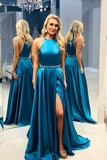 Elegantes Abendkleid in A-Linie aus türkisfarbenem Satin mit langem Abschlussball und Schlitz TP0920