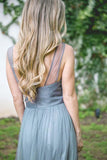 A-line Floor-Length Turquoise Sleeveless Tulle Bridesmaid Dress BD041 - Tirdress