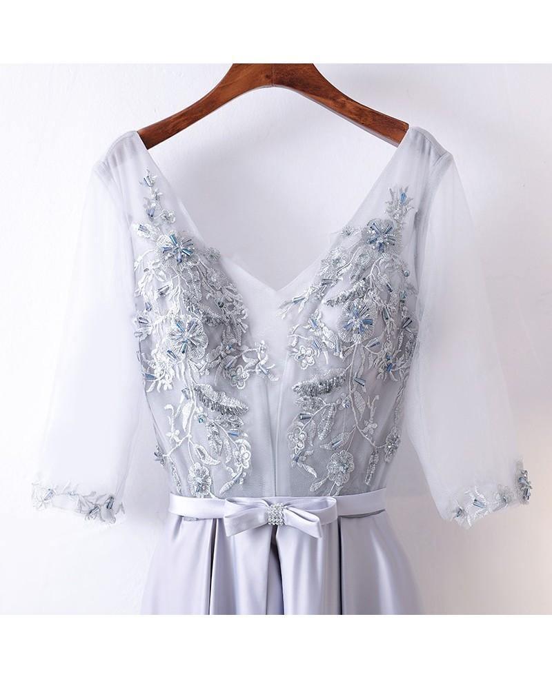 A-line Gorgeous Silver Satin Long Party Dress V-neck With Sleeves TD0001 - Tirdress