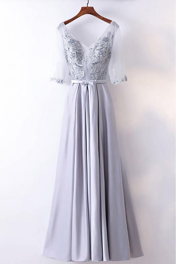 A-line Gorgeous Silver Satin Long Party Dress V-neck With Sleeves US10 / Custom Color A-line Gorgeous Silver Satin Long Party Dress V-neck With Sleeves US10 / Custom Color