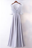 A-line Gorgeous Silver Satin Long Party Dress V-neck With Sleeves TD0001 - Tirdress