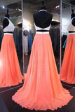 A-line Halter Chiffon Sweep Train Backless Two Piece Prom Dresses PG386 - Tirdress