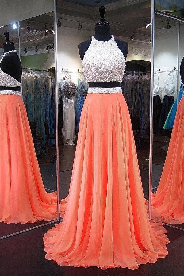 A-line Halter Chiffon Sweep Train Backless Two Piece Prom Dresses PG386 - Tirdress