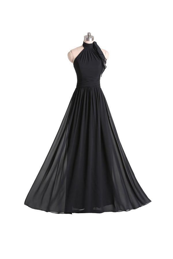 A-line Halter Floor Length Chiffon Black Bridesmaid Dress With Pleats BD019 - Tirdress