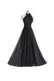 A-line Halter Floor Length Chiffon Black Bridesmaid Dress With Pleats BD019