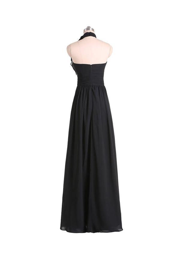 A-line Halter Floor Length Chiffon Black Bridesmaid Dress With Pleats BD019 - Tirdress