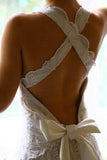 A-line Halter Neck Backless Bow Lace Wedding Dress with Court Train TN180 - Tirdress