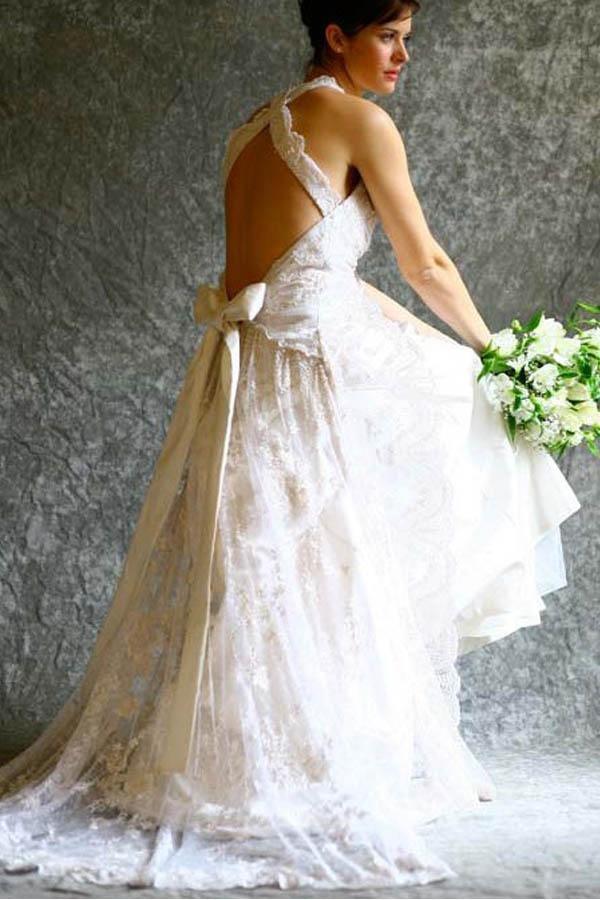 A-line Halter Neck Backless Bow Lace Wedding Dress with Court Train TN180 - Tirdress