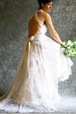 A-line Halter Neck Backless Bow Lace Wedding Dress with Court Train TN180 - Tirdress
