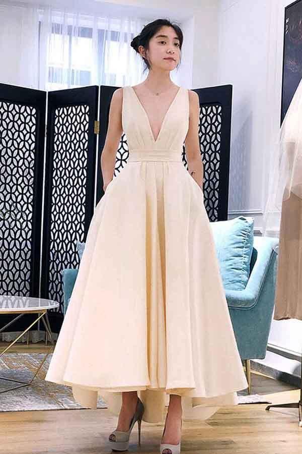 A-line High Low V Neck Short Prom Dress Homecoming Dress HD0063 - Tirdress