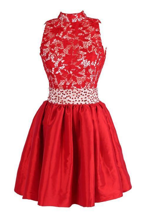 A-line High Neck Knee Length Satin Homecoming Dress With Lace TR0153 - Tirdress