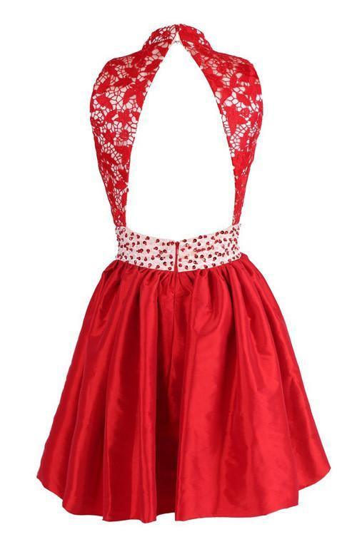 A-line High Neck Knee Length Satin Homecoming Dress With Lace TR0153 - Tirdress