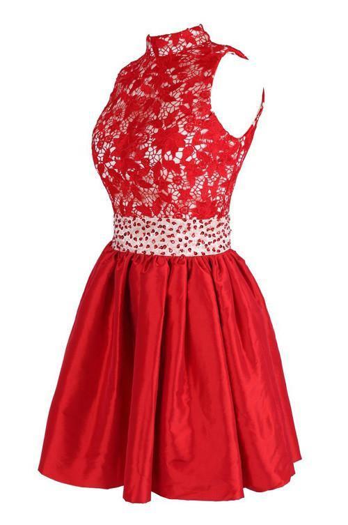 A-line High Neck Knee Length Satin Homecoming Dress With Lace TR0153 - Tirdress