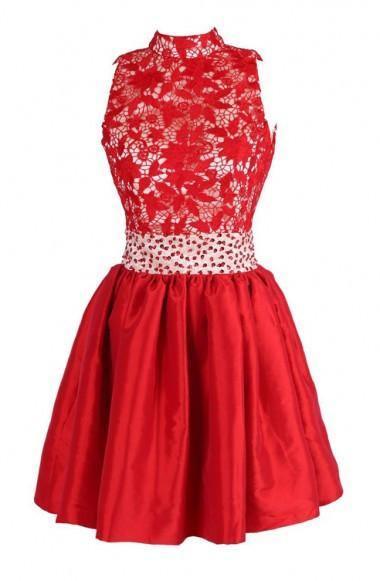A-line High Neck Knee Length Satin Homecoming Dress With Lace TR0153 - Tirdress