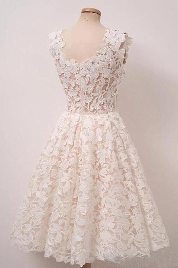 A-line Ivory Lace Homecoming Dresses Square Neck Short Prom Dress HD0061 - Tirdress