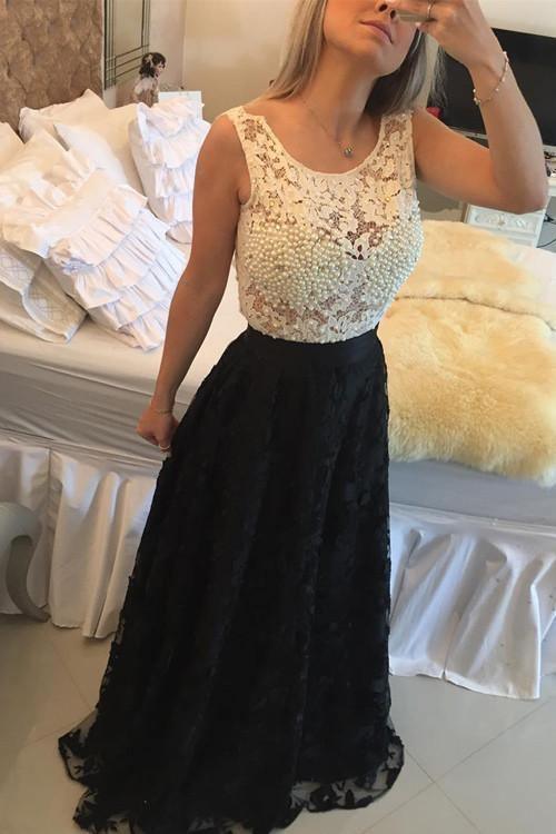 A-line Jewel Lace Sleeveless Pearls Black Long Prom/Evening Dress PG283 - Tirdress