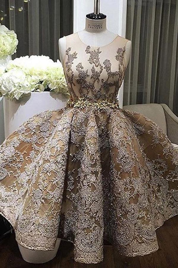 A-line Jewel Sleeveless Short Prom Dress With Lace Appliques TP0020 - Tirdress