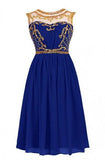 A-ligne longueur au genou en mousseline de soie bleu royal robe de soirée avec perles TR0131